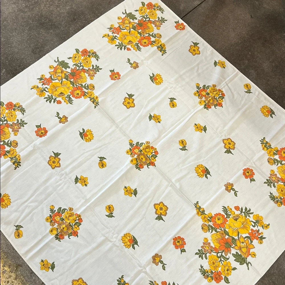 Vintage floral 52”X 48” squareish tablecloth yellow & oranges cotton Handmade